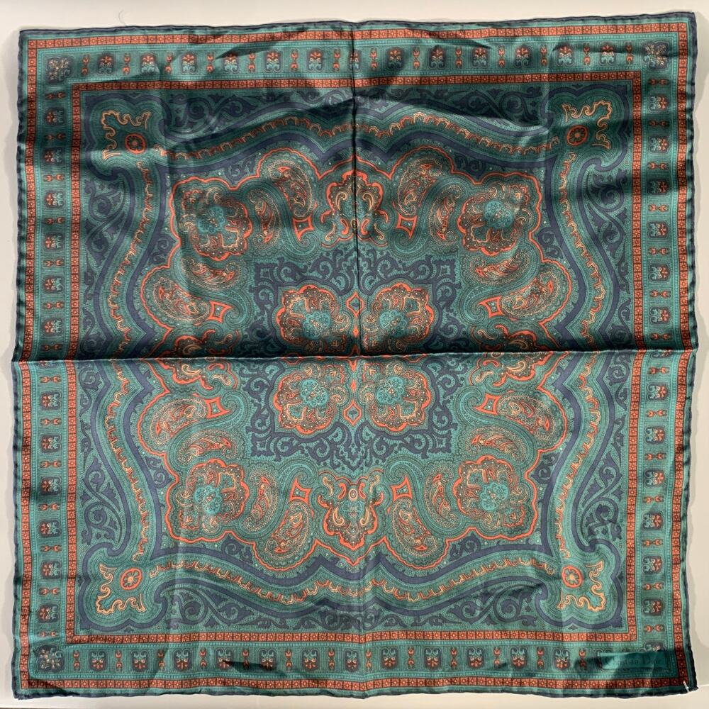 CHRISTIAN DIOR Green Burnt Orange Paisley Silk Pocket Square